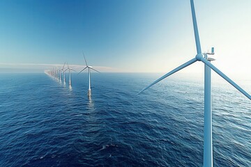 Offshore wind farm, ocean expanse, clear day, bird's-eye view, clean energy, wide-angle lens, detailed turbines