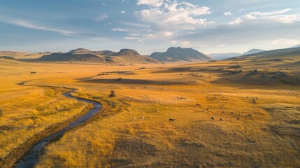 Naklejka premium Patagonian steppe, guanacos grazing, rolling hills, bird's-eye view, golden grasses, wide-angle lens, high-definition