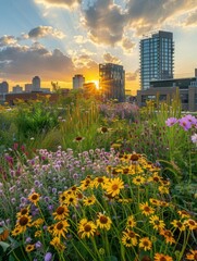 Rooftop rain gardens, urban buildings, golden hour, bird's-eye view, stormwater management, vibrant flowers, wide-angle shot