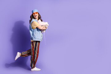Full size photo of pretty retired woman excited roller skater wear trendy denim hipster outfit...