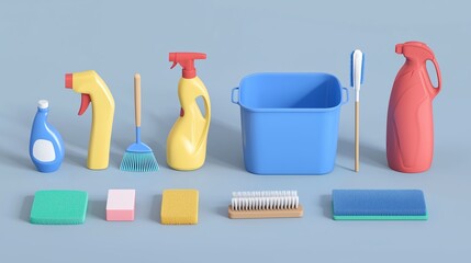 Cleaning supplies arranged in a colorful layout for organization and effective cleaning tasks at home or office