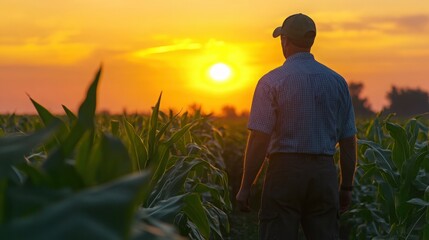 Fototapeta premium A Farmer Examining Corn Crop Plants in the Golden Glow of Sunset Amongst a Vibrant Field