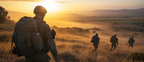 British army soldiers tabbing with 25Kg bergens across open countryside