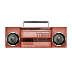 Portable 80's, 90's style retro cassette recorder in red color with speakers, radio and equalizer. Watercolor illustration isolated on white in realistic style