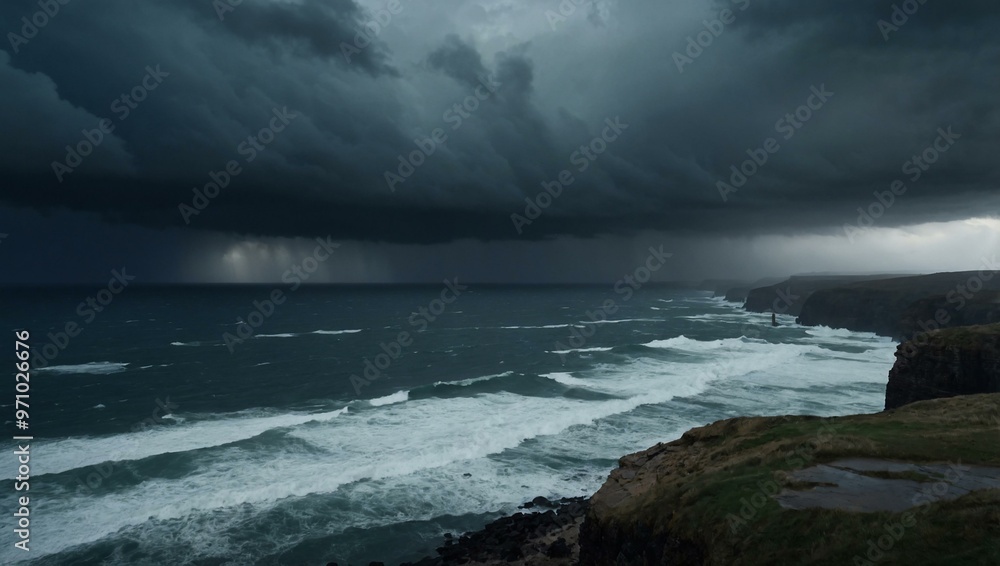 Wall mural A lone ghostly figure looks out over a stormy sea from a cliff.