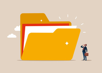 Big folder and tiny businessman. Backup up data transfer. Organize files folder. Flat vector illustration.
