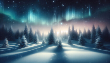 Winter landscape featuring a dense forest of snow covered pine trees under a night sky with stars
