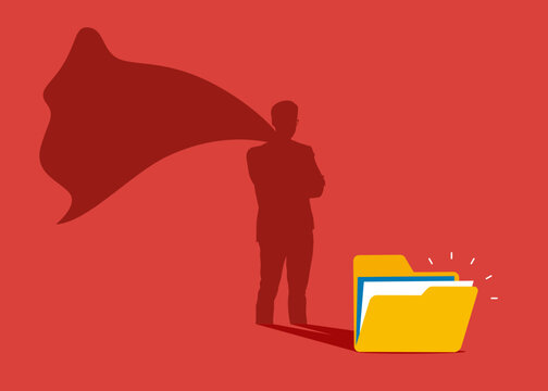 Files  folder standing superhero shadow. Modern vector illustration in flat style