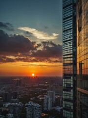 A stunning sunset view from a modern office with a city skyline.