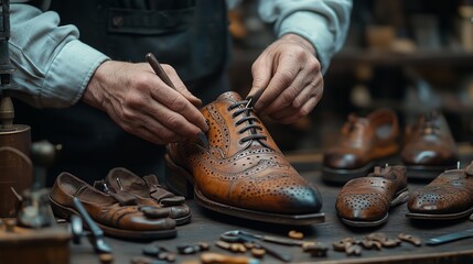 Close-up view of skilled hands repairing classic brown leather brogues in a traditional shoe repair workshop, surrounded by tools and materials.