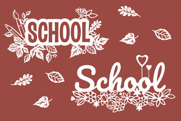 silhouette inscription school with autumn decor leaves and branches autumn flowers