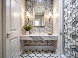 Contemporary powder room features sleek, wall-mounted sink, polished chrome fixtures, marble countertop, and geometric-patterned floor tiles, surrounded by crisp, white walls and minimalist decor.