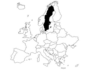Map of Sweden Country in Europe continent on white background. single Country map highlighted by black colour on Europe map. European Continent, EU
