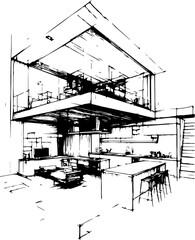 Fototapeta premium Modern Interior Design Sketch of Open-Plan Kitchen