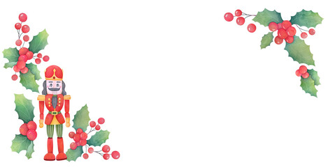 watercolor christmas greeting card template with Nutcracker, mistletoe berries. winter illustration with copy space. new year frame for banner, card, social media, advertising, web