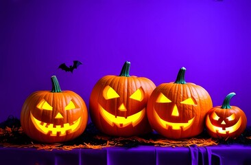 Fototapeta premium Carved pumpkins and bats on purple background for Halloween.