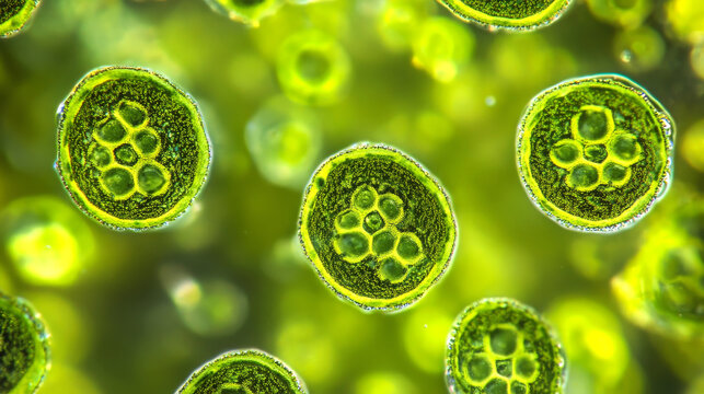 Microscopic view of green algae cells structure