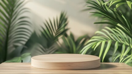 Fototapeta premium Minimalist wooden podium displayed against a soft blurred natural leaf background creating a clean and modern aesthetic
