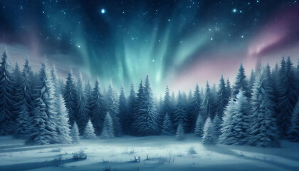 Winter landscape featuring a dense forest of snow covered pine trees under a night sky with stars