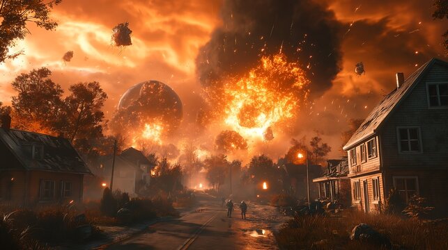  A peaceful town is attacked by alien creatures. burnt house The sky lit up with an explosion. The survivors fought back with improvised weapons