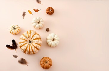 A collection of beige and brown pumpkins on a pastel background, complemented by embellishments, creates a serene fall aesthetic with plenty of room to replicate.