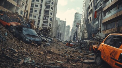 A powerful earthquake shakes a densely populated city, collapsing buildings and cars