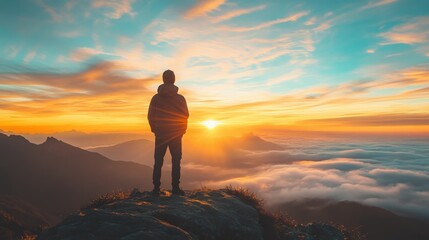 Hiker with arms up standing on the top of the mountain - Successful man enjoying triumph - Sport and success concept