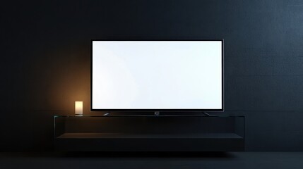 Blank white TV screen in a dark room, positioned on a sleek glass shelf, waiting to be filled with dynamic content