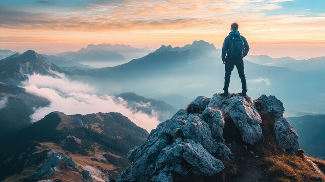 Hiker with arms up standing on the top of the mountain - Successful man enjoying triumph - Sport and success concept
