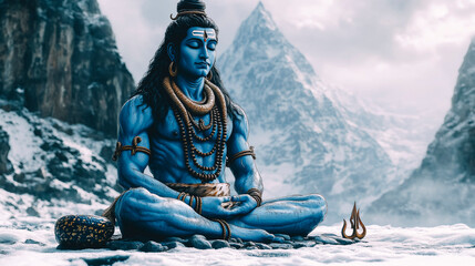 Serene Blue Deity Meditating in Snowy Mountain Landscape