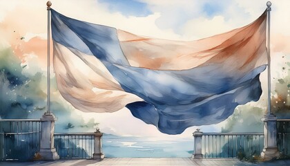 A flag draped over a railing, with the background fading into a soft, neutral color to empha 