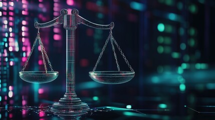 Cybersecurity and justice: digital scales of law in high-tech data center background