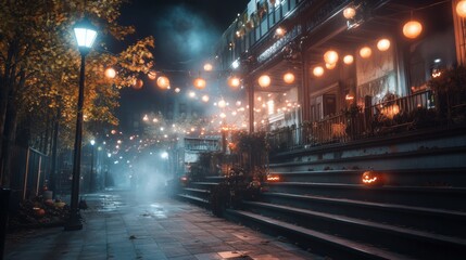 Halloween festival at an abandoned theater glowing lanterns lighting the steps