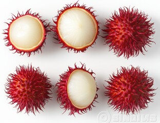 Fresh Rambutan Fruits Displayed in Rows - Exotic Tropical Fruit with Spiky Red Skin and Juicy White Flesh