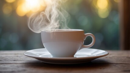 Obraz premium A white coffee cup with steam rising from it sits on a wooden table.