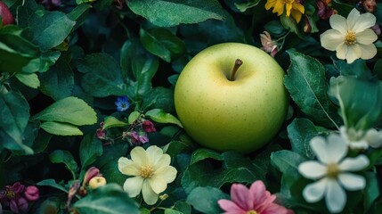 A juicy green apple rests amidst a bed of green leaves and colorful flowers, evoking a sense of freshness and vitality.