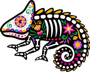 Day of the dead Mexican chameleon animal skeleton tattoo. Isolated vector Halloween reptilian sugar skull. Muertos tropical lizard figure with skeletal bones and floral pattern in alebrije folk style