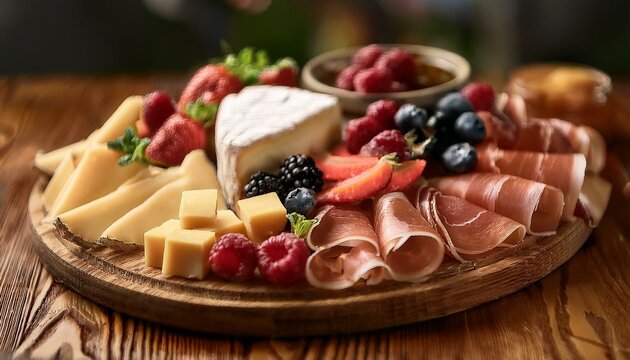  A rich and abundant wooden board covered with thin slices of prosciutto, creamy camembert, h