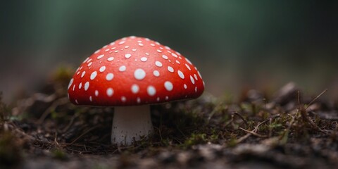 A red mushroom with white spots sits on the ground.