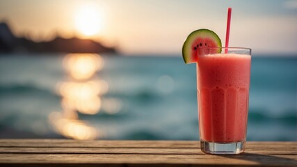 beach summer time drinks glass of watermelon juice smoothie on wooden desk in blur sea background.