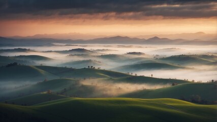 Obraz premium Aerial View of Rolling Hills Covered in Fog with a Dramatic Cloudy Sky.