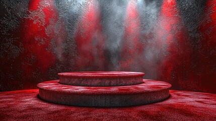 Stage podium background red light spotlight curtain theater show platform. Stage 3D background podium award cinema winner movie carpet pedestal fabric concert abstract studio dark vip empty silk club.