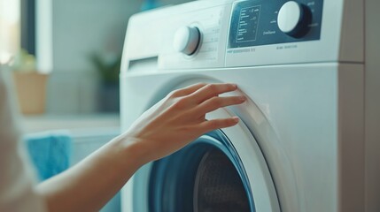 A person adjusting the settings on a modern washing machine in a bright laundry room during the day