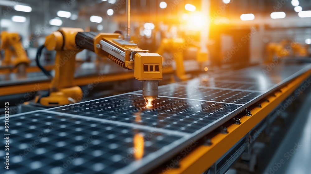Poster a high-tech factory conveyor belt assembling solar panels with precision automation