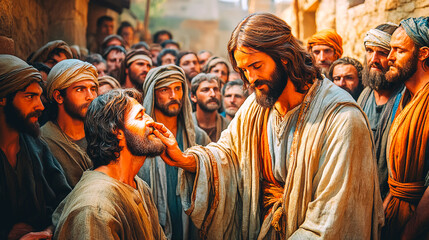 Biblical Scene of Jesus Healing a Blind Man amidst a Crowd
