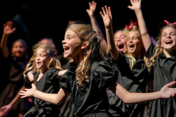 A group of young girls are singing and dancing on stage