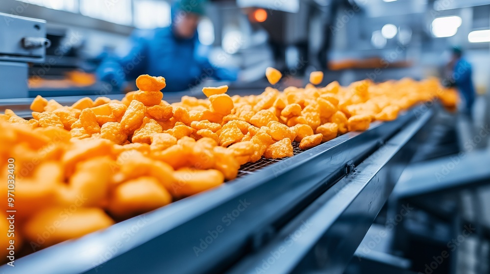 Poster a high-tech production line in a factory handling the packaging of savory snacks with precision