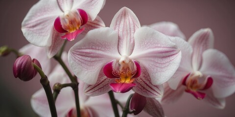 A pink and white orchid with a pink stem and pink petals.