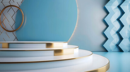 Four Layered Podium with Golden Rim on Light Blue Background for Products Display
