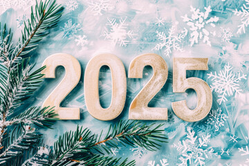 Festive Celebration Concept with 2025 Wooden Numbers and Snowflakes